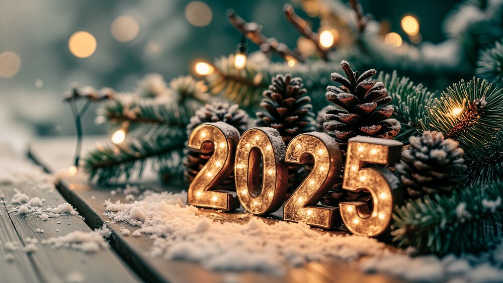 Обои для рабочего стола Цифры 2025 с подсветкой стоят у шишек с веточкой хвои