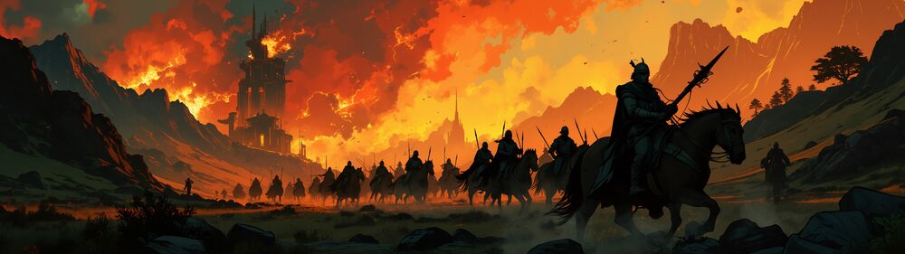 Обои для рабочего стола Отряд вооруженных людей уезжают на лошадях от горящего города