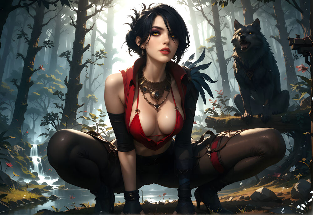 Обои для рабочего стола Morrigan / Морриган сидит в лесу у ручья рядом с волком. Игра Dragon Age Origins / Век дракона: Начало