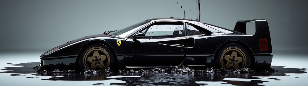 Обои для рабочего стола Автомобиль ferrari стоит в луже застывшей краски и сверху на нее еще лют эту же краску