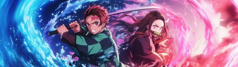Обои для рабочего стола Тандзиро Камадо / Tanjirou Kamado и Нэдзуко Камадо / Nezuko Kamado, герои аниме Клинок, рассекающий демонов / Kimetsu no Yaiba, готовы к встрече с противником