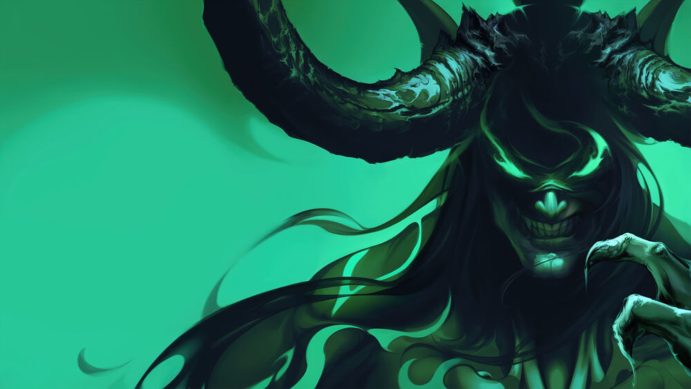 Обои для рабочего стола Иллидан Ярость Бури / Illidan Stormrage из вселенной Warcraft, взирает на вас, обнажая зубы в оскале и сверкая глазами, словно пламя