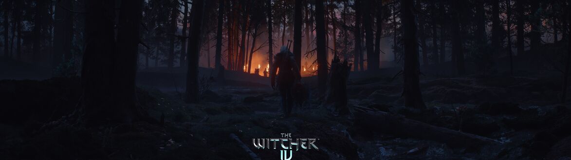 Обои на рабочий стол Цири / Цирилла / Cirilla в мрачном лесу, на фоне удаляющихся фигур с огням. Арт по будущей игре Ведьмак 4 / The Witcher IV