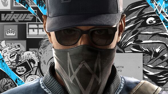 Обои на рабочий стол Молодой хакер Маркус Холлоуэй / Marcus Holloway из игры Watch Dogs 2 на фоне черно-белого комикса. (virus)