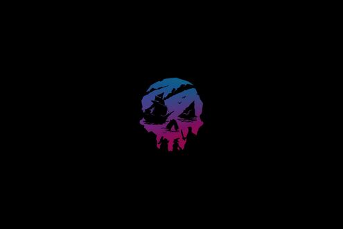 Обои на рабочий стол Логотип игры Sea of Thieves с черепом и парусными кораблями на черном фоне