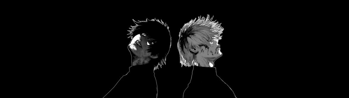 Обои на рабочий стол Кэн Канэки / Ken Kaneki и Хайсэ Сасаки / Haise Sasaki стоят спинами друг к другу на черном фоне из аниме Токийский гуль: Перерождение / Tokyo Ghoul:re