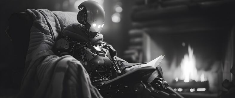 Обои на рабочий стол Андройд читает книгу сидя в кресле у камина