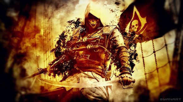 Обои на рабочий стол Эдвард Кенуэй / Edward Kenway из игры Assassins Creed IV: Black Flag в капюшоне и маске в форме черепа с мечом на фоне флага