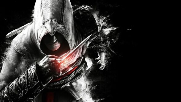 Обои на рабочий стол Дезмонд Майлс из игры Assassin’s Creed с клинком в руках на черном фоне