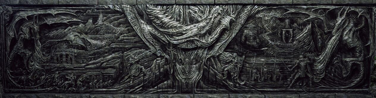 Обои на рабочий стол Акавирская фреска Стена Алдуина арт по игре Скайрим / The Elder Scrolls V: Skyrim