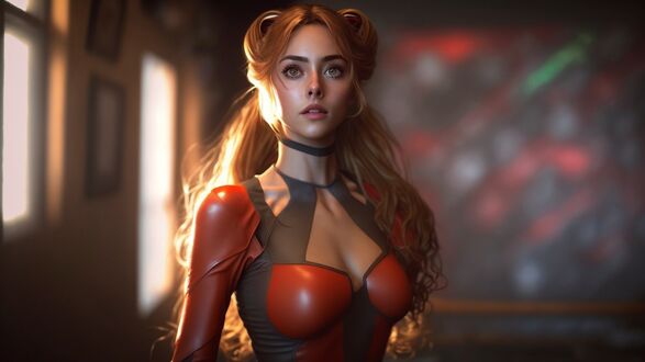 Обои на рабочий стол Asuka Langley Soryu с длинными волнистыми волосами в облегающем красно-черном костюме и черном чокере стоит в темной комнате с рассеянным светом