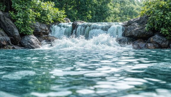 Обои на рабочий стол Невысокий водопад с прозрачной водой небесного цвета, что сверкает на солнце, окруженный зеленью леса