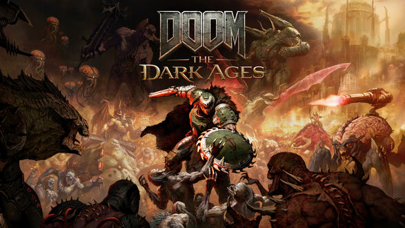 Обои на рабочий стол Doomguy / Думгай (позднее Палач Рока) в окружении толп разнообразных демонов из игры Doom the dark ages / Гибель темных веков