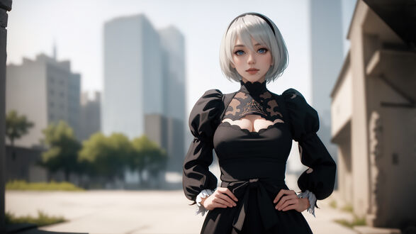 Обои на рабочий стол 2b Nier Automata с короткими серебристыми волосами и обручем стоит на фоне современных высотных зданий и низких построек в солнечный день, одетая в черное платье с кружевным воротником из игры 2b Nier Automata