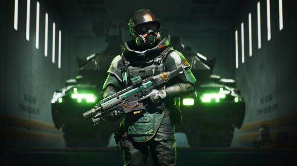 Обои на рабочий стол Солдат из игры Battlefield 2042 на фоне танка