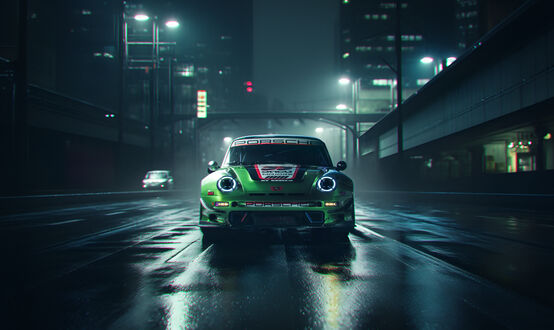 Обои на рабочий стол Зеленый Cyberpunk Porsche 911 на улице ночного города