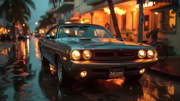 Обои на рабочий стол Dodge Challenger на мокрой после дождя вечерней улице Mайами
