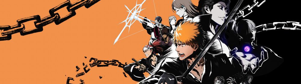 Обои для рабочего стола Несколько героев аниме Блич / Bleach в монохромной гамме на фоне оранжевого цвета