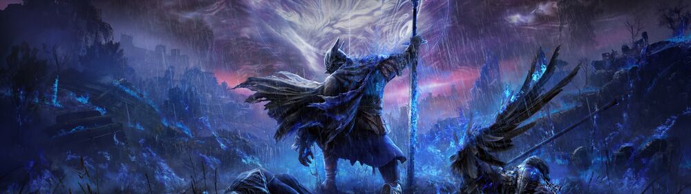 Обои для рабочего стола Рыцарь Арториас Путник Бездны / Artorias the Abysswalker из компьютерной игры Dark Souls в темном броне с мечом на фоне дождя и магических искажений посреди законченной битвы