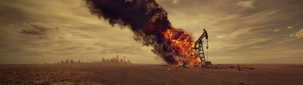 Обои для рабочего стола Пылающая нефтяная платформа на фоне безжизненного ландшафта и отдаленного города