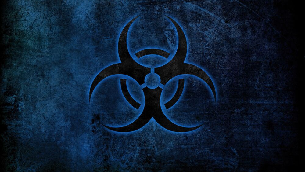 Обои для рабочего стола Знак биологической опасности / biohazard с тремя изогнутыми элементами на темном фоне
