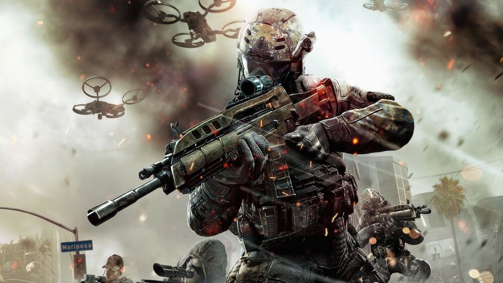 Обои для рабочего стола Солдаты из игры Call of Duty в военном снаряжении с оружием и дронами на заднем плане. (Mariposa)