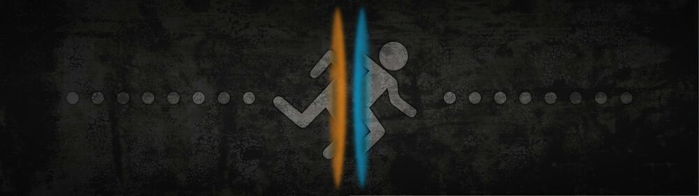 Обои для рабочего стола Персонаж из игры «Portal» пробегает через порталы на темном фоне