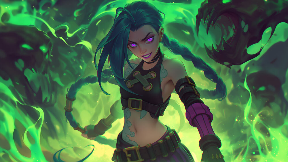 Обои для рабочего стола Джинкс / Jinx, персонаж из видеоигры Лига Легенд / League of Legends и сериала Arcane / Аркейн на фоне зеленых монстров