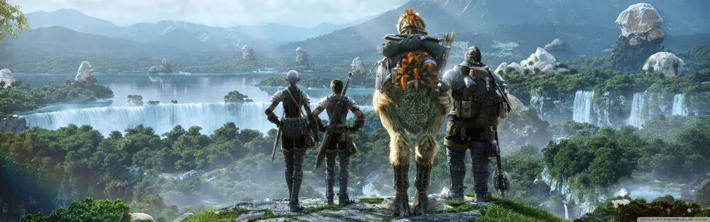 Обои для рабочего стола Три персонажа из игры Final Fantasy XIV стоят на возвышенности. Перед ними открывается вид на густой лес, водопады и озеро, окруженное зелеными холмами и горами на заднем плане
