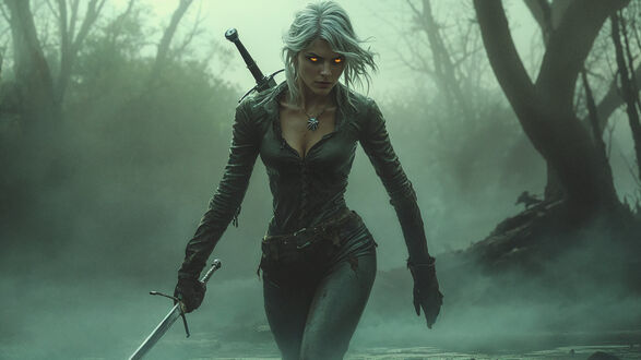 Обои на рабочий стол Цири / Ciri / Цирилла с мечем идет по туманному болоту из игры Ведьмак / Witcher, The Witcher Card Game