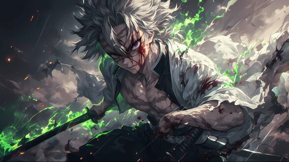 Обои на рабочий стол Санеми столп ветра / Sanemi Shinazugawa из аниме Клинок, рассекающий демонов / Kimetsu no Yaiba