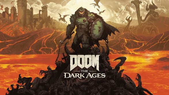 Обои на рабочий стол Doomguy / Думгай (позднее Палач Рока) на горе из трупов демонов на фоне реки лавы и местного вида Ада из игры Doom the dark ages / Гибель темных веков