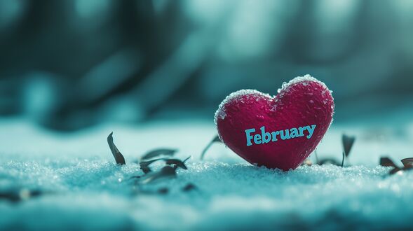 Обои на рабочий стол Красное сердце лежит на снегу на размытом фоне (february)