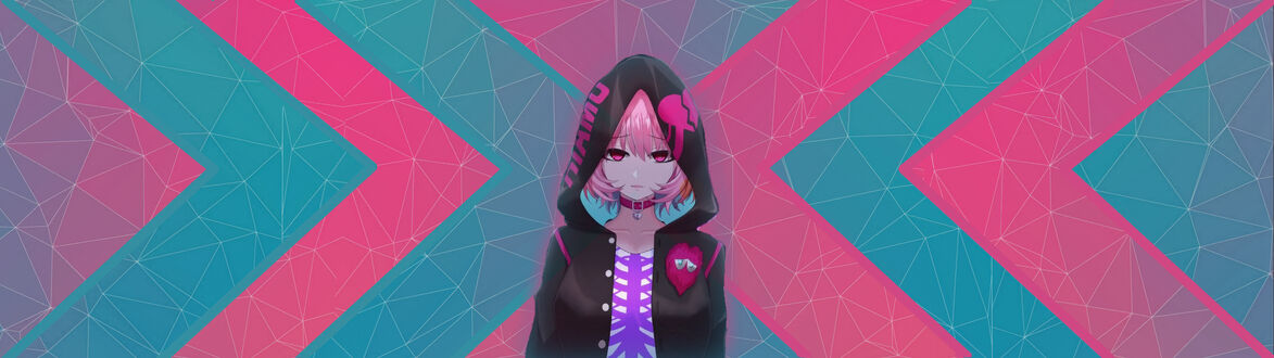 Обои на рабочий стол Риаму Юмэми / Riamu Yumemi из аниме Девушки-золушки / Cinderella Girls Gekijou в черной толстовке с капюшоном, украшенным розовым сердечком, на фоне геометрических узоров в розовых и бирюзовых тонах, создающих эффект стрелок