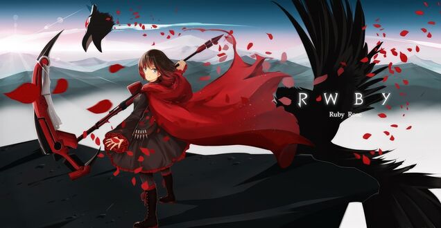 Обои на рабочий стол Руби Роуз / Ruby Rose с боевой косой, развивающимся алым плащом и обезглавленная птица-монстр на фоне лепестков роз из аниме RWBY