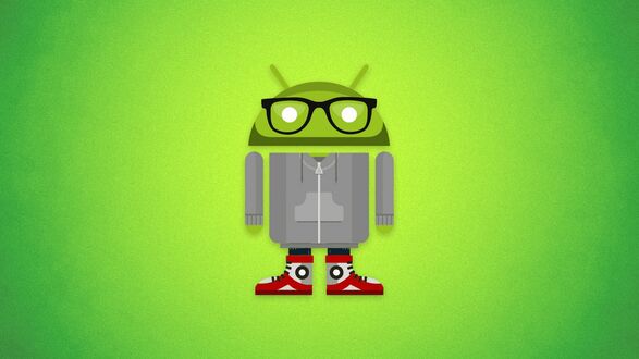 Обои на рабочий стол Зеленый робот-талисман Android в черных очках, сером худи и красных кедах стоит на ярко-зеленом фоне