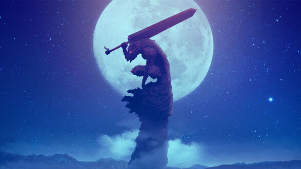 Обои на рабочий стол Волк с поднятым мечом Лунный свет / Moonlight Sword на скале на фоне полной луны над горами ночью из аниме Берсерк / Berserk