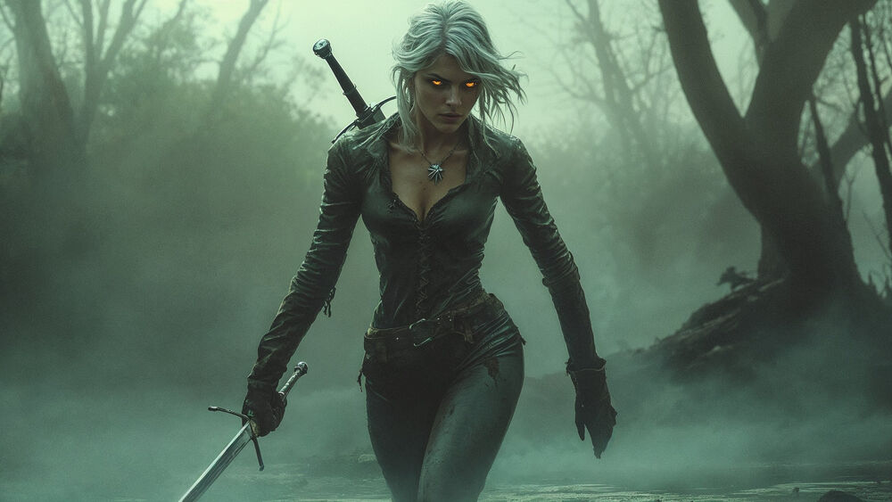 Обои для рабочего стола Цири / Ciri / Цирилла с мечем идет по туманному болоту из игры Ведьмак / Witcher, The Witcher Card Game
