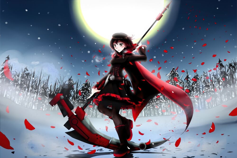 Обои для рабочего стола Руби Роуз / Ruby Rose с боевой косой на фоне зимнего леса и лепестков роз из аниме RWBY