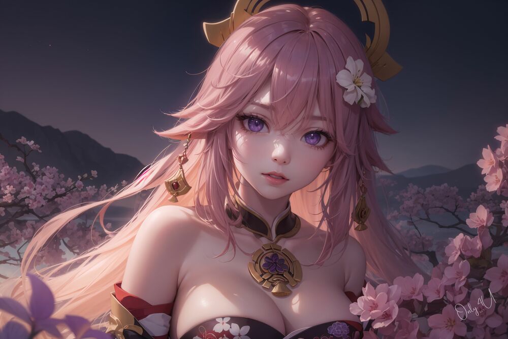 Обои для рабочего стола Портрет Yae Miko / Яэ Мико из игры Genshin Impact вечером среди цветов