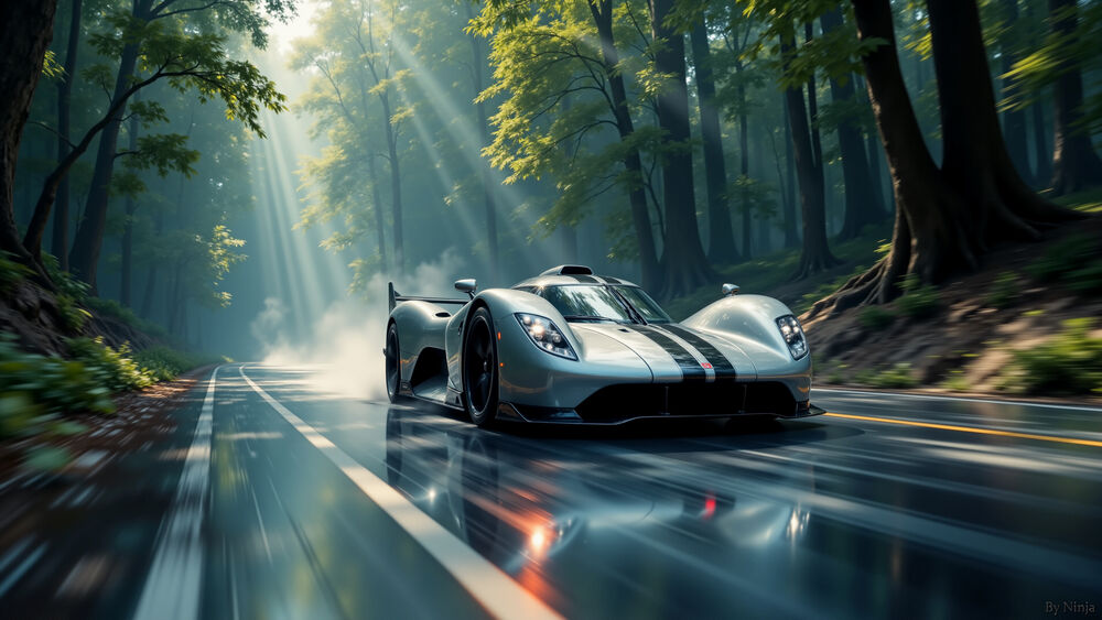Обои для рабочего стола Спортивный автомобиль Pagani Zonda с серебристым кузовом и черными полосами мчится по мокрой дороге сквозь густой лес, отражая солнечные лучи, пробивающиеся сквозь деревья