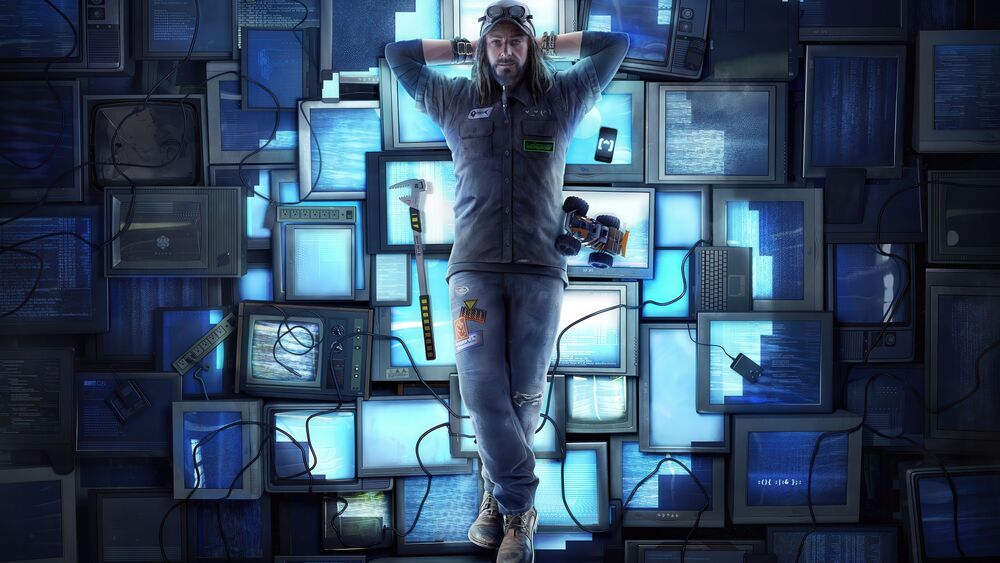 Обои для рабочего стола Рэймонд Кинни / Raymond Kenney из игры Watch Dogs: Bad Blood в спортивной одежде лежит скрестив руки за головой на множества старых мониторов и телевизоров