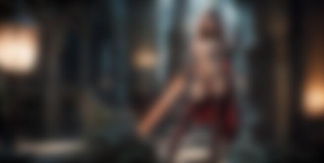 Обои для рабочего стола Девушка в откровенном костюме со световым мечом стоит среди древних руин под потолком с колоннами у светящегося фонаря