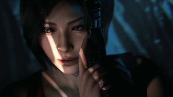 Обои на рабочий стол Портрет Ada Wong / Ада Вонг из игры Resident Evil 4 Remake в полумраке с пистолетом