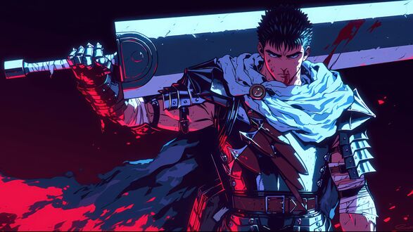 Обои на рабочий стол Гатс / Guts с большим мечем на плече из аниме Берсерк / Berserk рядом с пламенем на темном фоне