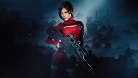 Обои на рабочий стол Ada Wong / Ада Вонг из Resident Evil 4 Remake в красном вязанном платье / свитере, стоит ночью со снайперской винтовкой в руках на фоне территории замка