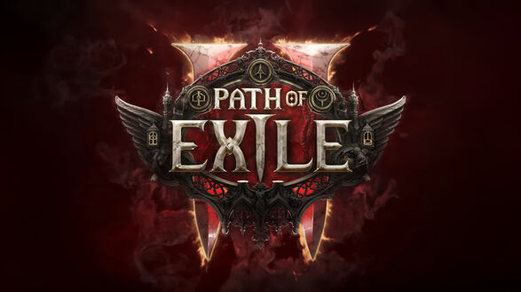 Обои на рабочий стол Логотип Path of Exile на красном фоне с элементами огня и декоративными элементами из видеоигры Path of Exile