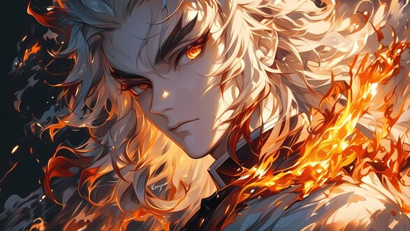 Обои на рабочий стол Портрет Кеджуро Ренгоку / Kyojuro Rengoku с длинными светлыми волосами на фоне пламени из аниме Клинок, рассекающий демонов / Kimetsu no Yaiba