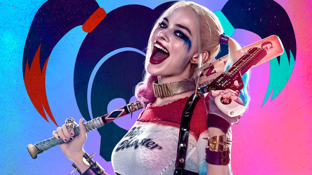 Обои для рабочего стола Харли Квинн / Harley Quinn с ярким макияжем держит биту на ярком фоне