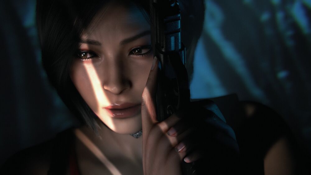 Обои для рабочего стола Портрет Ada Wong / Ада Вонг из игры Resident Evil 4 Remake в полумраке с пистолетом